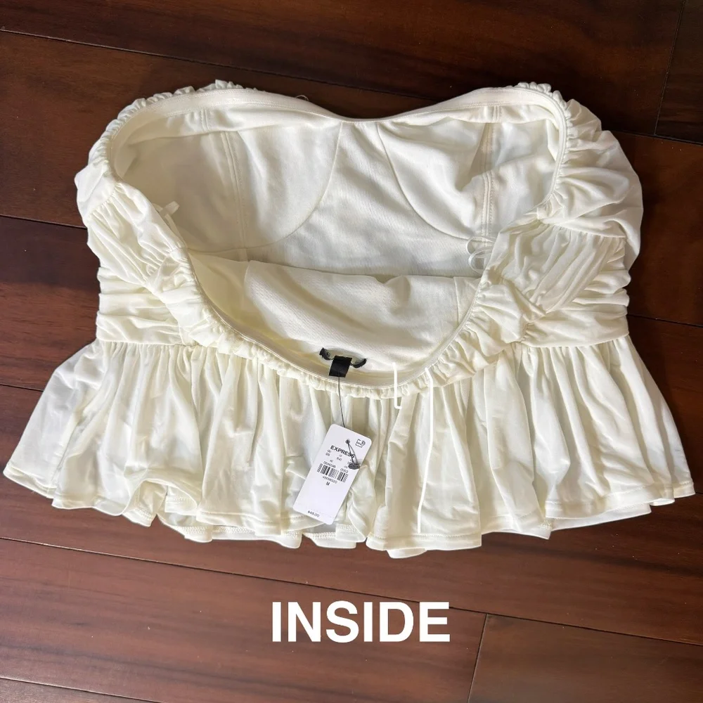 EXPRESS RUCHED STRAPLESS IVORY PEPLUM TUBE TOP - Picture 12 of 13